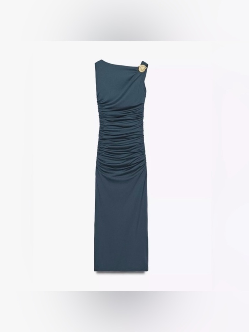 ZARA Ruched Dress Open Back Teal Large Gold Seashell Hardware Detail